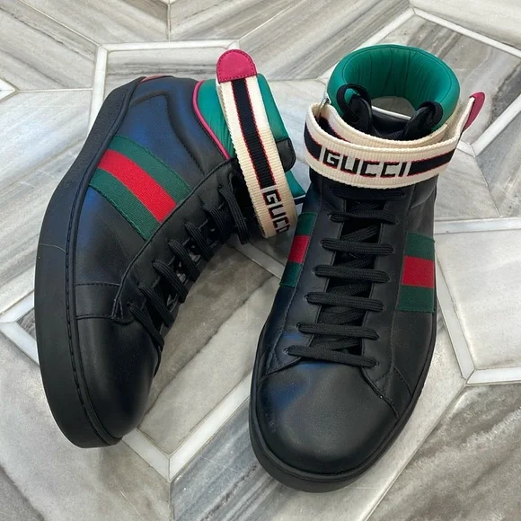 Gucci Black High-Top Athletic Shoes with Green and Red Stripe Gucci Black Leather Stripe Ace High Top Sneakers Size 41.5  main image 3